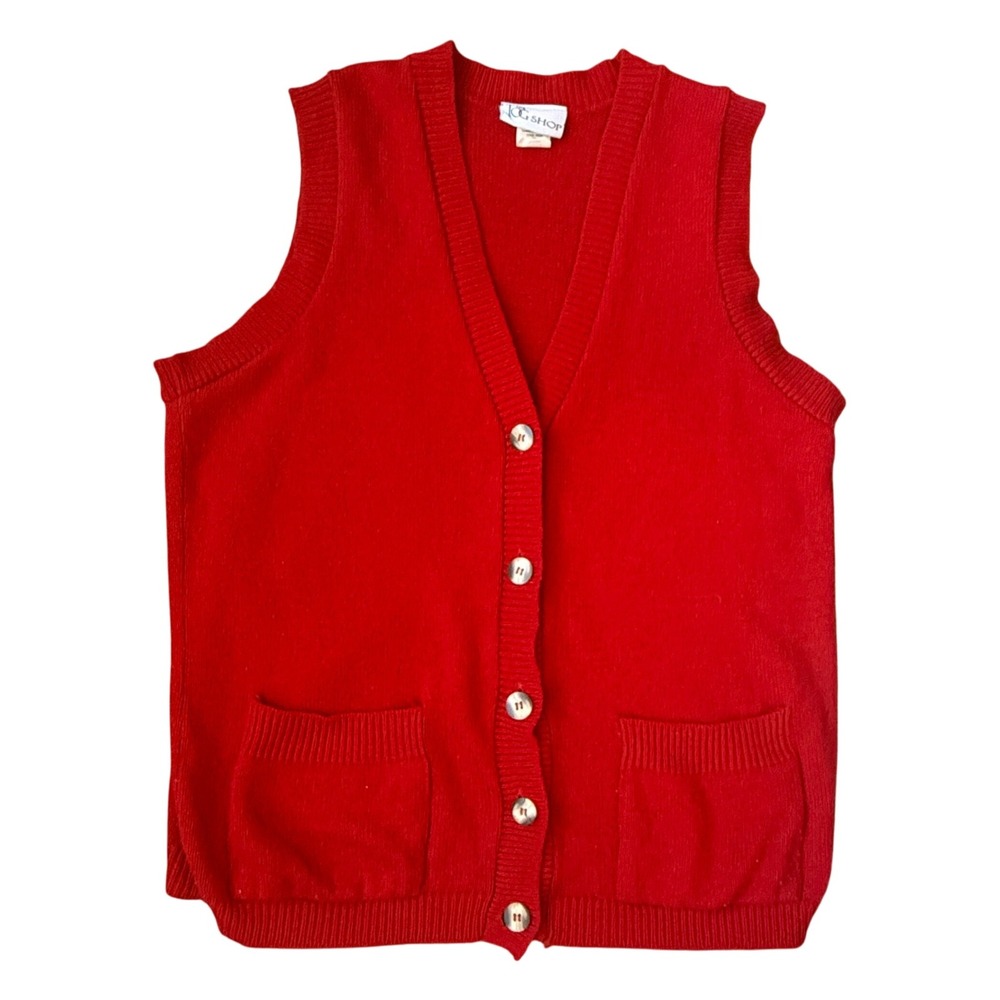 Vintage TOG‎ Shop Red V Neck Sleeveless Button Up  Sweater Vest Pockets Medium